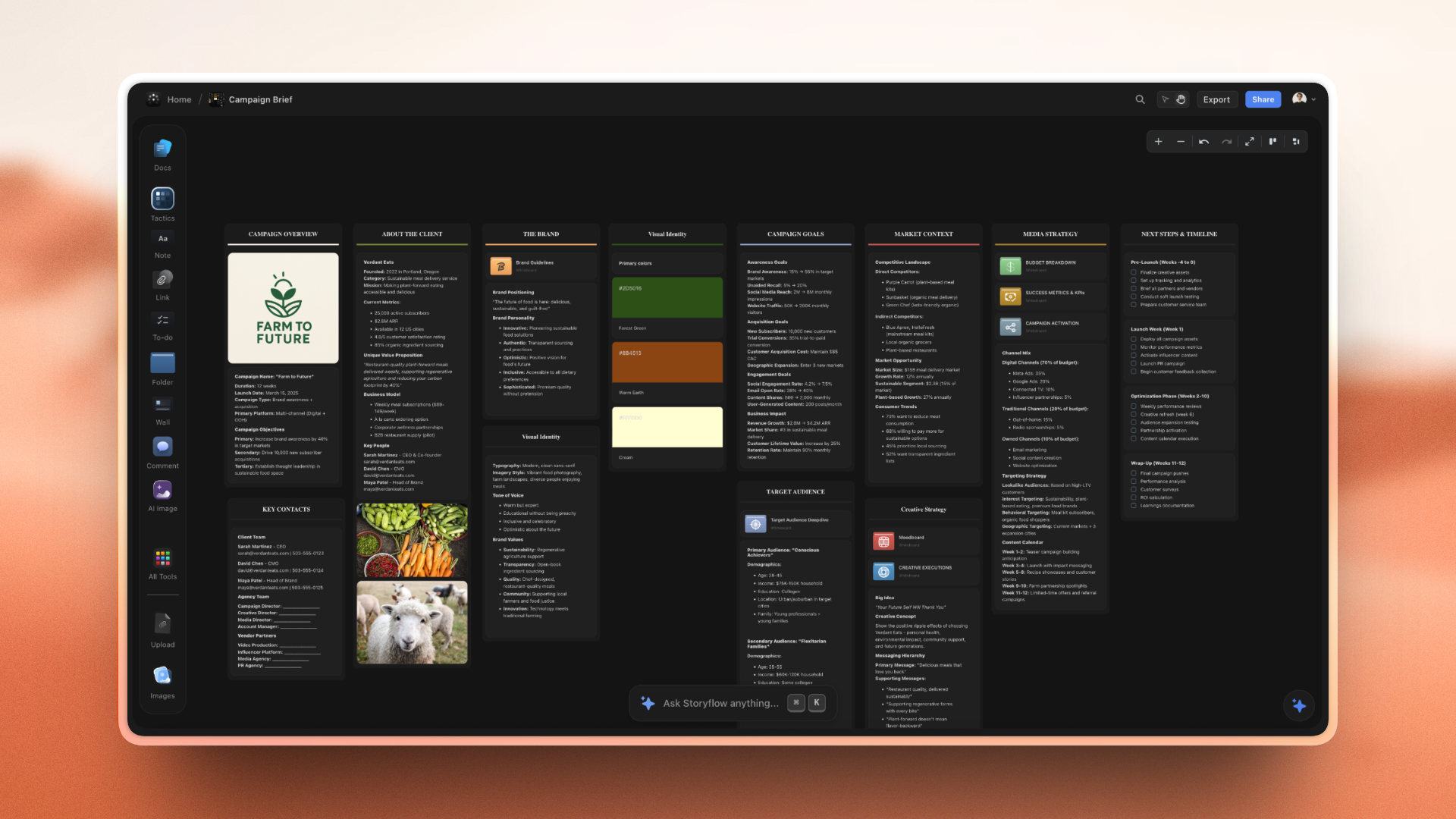 Storyflow marketing planning workspace showing campaign organization and strategy boards